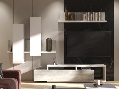 Tv-meubel set BOTSWANA 2 lades 2 opbergvakken wit hoogglans/beton