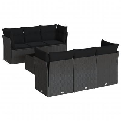 7-delige Loungeset met kussens poly rattan zwart - thumbnail