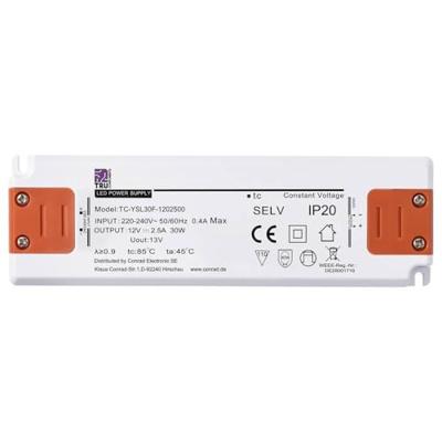 TRU COMPONENTS TC-YSL30F-1202500 LED-transformator Constante spanning 30 W 2.5 A 12 V/DC Geschikt voor meubels, Overspanning, Montage op ontvlambare
