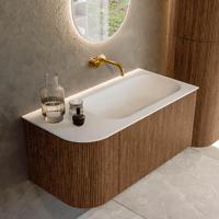 Mondiaz KURVE 95 cm Onderkast Greeploos 1 Lade Met Deuren Walnut, Wastafel Solid Surface Rechts Talc 0 Kraangaten Zonder Spiegel (KRVBGS95L1L1D0KR-Wal/Tal) - thumbnail