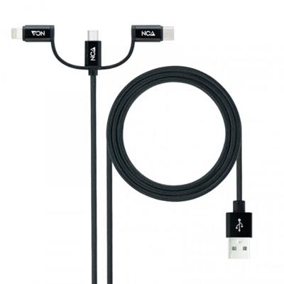 NANOCABLE 10.01.3200 3-in-1 USB-kabel, USB-A-stekker, gegevens op 3 soorten aansluitingen (USB-C, micro-USB en Apple-apparaten), zwart, 1 m