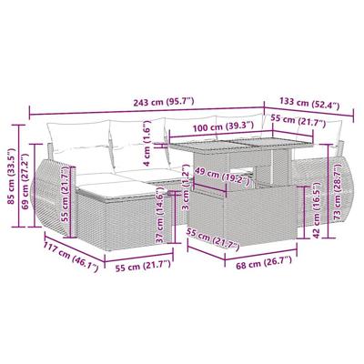 7-delige Loungeset met kussens poly rattan grijs