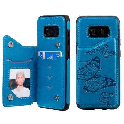 Voor Galaxy S8 Butterfly Embossing Pattern Shockproof Protective Case met Holder & Card Slots & Photo Frame(Blue)