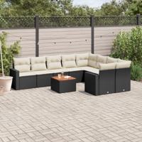 10-delige Loungeset met kussens poly rattan zwart - thumbnail