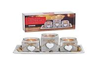 Theelichthouder 3-delig met harthanger van dennenhout, wit glazen set van 5, (B/H/D) 28x13x11cm - thumbnail