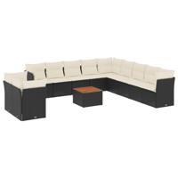 12-delige Loungeset met kussens poly rattan zwart - thumbnail