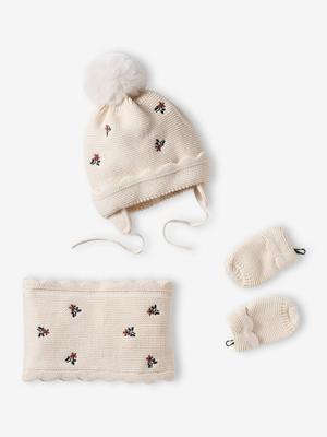 Set van babymeisjes muts + snood + wanten beige (poederkleur) Set van babymeisjes muts + snood + wanten beige (poederkleur)