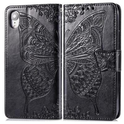 Butterfly Love bloemen reliëf horizontale Flip lederen case voor iPhone XR met houder & kaartsleuven & portemonnee & Lanyard (zwart)