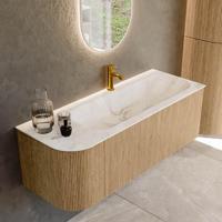 Mondiaz KURVE-DLUX 125 cm Onderkast Greeploos 1 Lade Met Deuren Oak, Wastafel Solid Surface Rechts Frappe 1 Kraangat Zonder Spiegel (KRVBGM125L1L1D1KR-Oak/Fra) - thumbnail