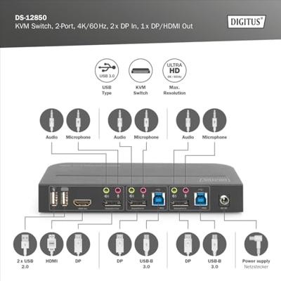 Digitus DS-12850 KVM-switch 2 + 2 poorten DisplayPort, HDMI Afstandsbediening, Toetsenbord 3840 x 2160 Pixel Digitus DS-12850 KVM-switch 2 + 2 poorten DisplayPort, HDMI Afstandsbediening, Toetsenbord 3840 x 2160 Pixel