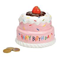 Spaarpot taart, Gelukkige verjaardag van keramiek roze (B/H/D) 12x12x12cm - thumbnail