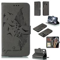 Feather patroon Litchi textuur horizontale Flip lederen draagtas met portemonnee & houder & kaartsleuven voor Galaxy M30 (grijs) - thumbnail