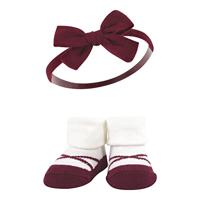 Hudson Baby Infant Girl Headband and Socks Giftset, Burgundy Black, One Size - thumbnail