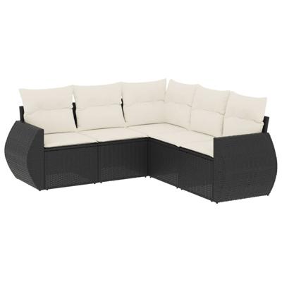 5-delige Loungeset met kussens poly rattan zwart