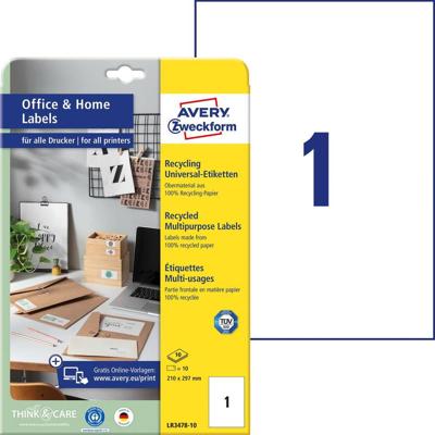 Etiket avery lr3478-10 210x297mm recycled wit 10st