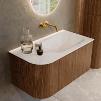 Mondiaz KURVE-DLUX 85 cm Onderkast Greeploos 1 Lade Met Deuren Walnut, Wastafel Solid Surface Rechts Ostra 0 Kraangaten Zonder Spiegel (KRVCLO85L1L1D0KR-Wal/Ost) - thumbnail