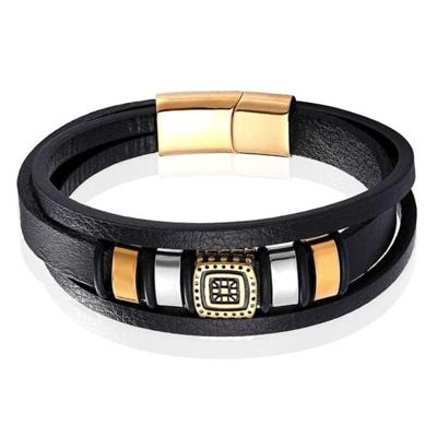 Mendes Jewelry Etnische Heren Armband in Zwart Leer met Goud en Zilveren Bedels-21cm