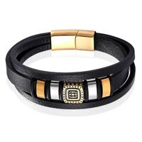 Mendes Jewelry Etnische Heren Armband in Zwart Leer met Goud en Zilveren Bedels-21cm - thumbnail
