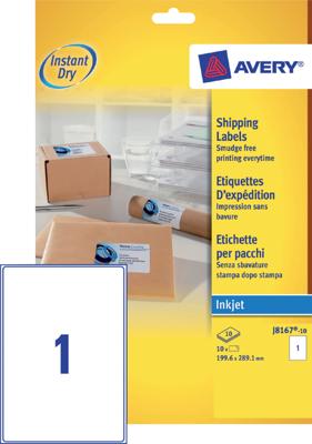 Etiket Avery J8167-10 199.6x289.1mm wit 10 etiketten Etiket Avery J8167-10 199.6x289.1mm wit 10 etiketten