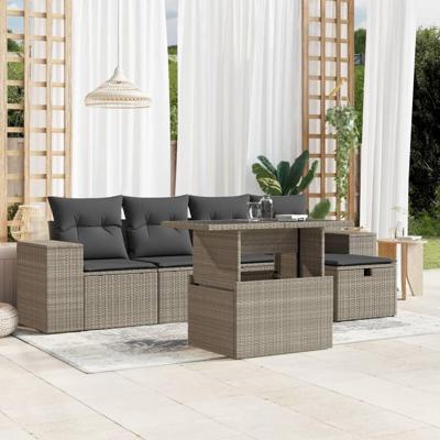 6-delige Loungeset met kussens poly rattan lichtgrijs