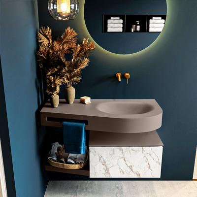 MONDIAZ RIVA 100cm badmeubel onderkast / planchet kleur carrara met 1 lade. Wastafel DULCET rechts 0 kraangaten kleur Smoke.