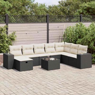 9-delige Loungeset met kussens poly rattan zwart