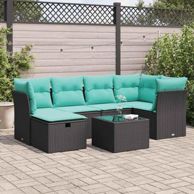 7-delige Loungeset met kussens poly rattan zwart