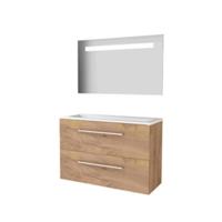 Basic-Line Economic 39 Badkamermeubelset - Ondiep - 100 x 39 cm - Met Grepen - 2 Lades - Acryl Wastafel - Zonder Kraangat - Spiegel met LED Verlichting - Whisky Oak - thumbnail