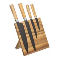 Messenset met Magnetisch Messenblok - Messenset 4-delig - Staal - Acaciahout - Naturel - Zwart - Houten Handgreep - Koksmessen - 21,2x13,5x30cm - thumbnail