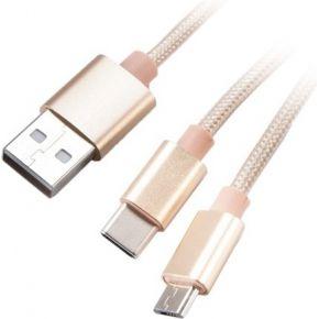 Akasa 2 in 1 USB 2.0 Kabel Typ A naar Micro-B en Typ C - 1m, goud