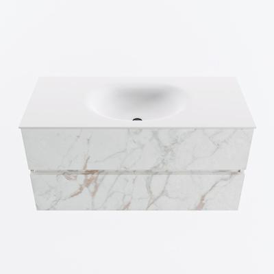 MONDIAZ VICA 100cm badmeubel onderkast Carrara 2 lades. Wastafel MOON midden zonder kraangat, kleur Talc.