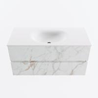 MONDIAZ VICA 100cm badmeubel onderkast Carrara 2 lades. Wastafel MOON midden zonder kraangat, kleur Talc. - thumbnail