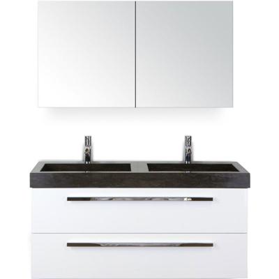 Seville Badmeubelset 120 cm - 2 Laden Wit Hoogglans - Wastafel Lucca Dubbel met Spiegelkast