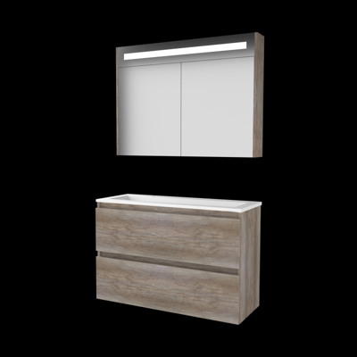 Basic-Line Premium 39 Badkamermeubelset - Ondiep - 100 x 39 cm - Greeploos - 2 Lades - Acryl Wastafel - 2 Kraangaten - Spiegelkast met LED Verlichting - Scotch Oak