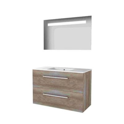 Basic-Line Economic 46 Badkamermeubelset - 100 x 46 cm - Met Grepen - 2 Lades - Keramische Wastafel - 1 Kraangat - Spiegel met LED Verlichting - Scotch Oak