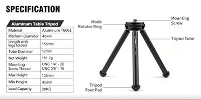 SUNWAYFOTO T1A11 II Mini Aluminium Tafelblad Statief T1A11 MK2