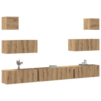 7-delig Tv-meubelset wandmontage bewerkt hout artisanaal eiken - thumbnail