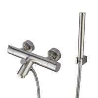 Badkraan Megan 15cm Hartafstand Thermostatisch Opbouw Rond RVS Geborsteld 2 Greeps Onderuitloop met Handdouche Set - thumbnail