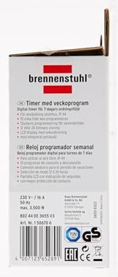 Brennenstuhl 1506706 Stopcontact-schakelklok Digitaal Weekprogramma IP44 AAN/UIT-programma, Zomer- en wintertijd omzetten, Toevalsfunctie