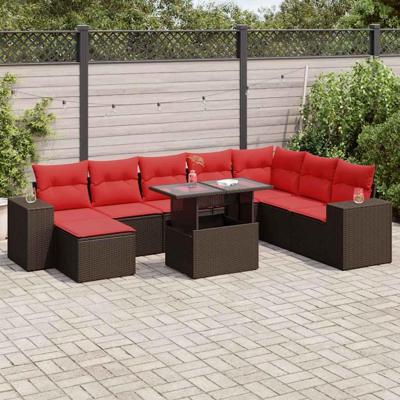 9-delige Loungeset met kussens poly rattan acacia bruin