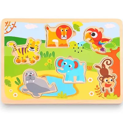 Tooky Toy Geluidspuzzel Wilde Dieren - Houten Puzzel met Dierengeluiden