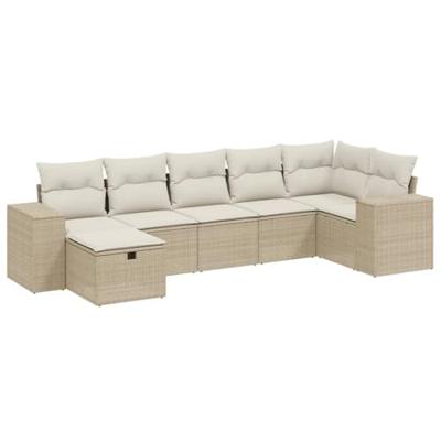 7-delige Loungeset met kussens poly rattan beige