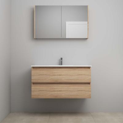 On-Line Badkamermeubelset - 100 cm - Voorgemonteerd - Porseleinen Wastafel - 1 Kraangat - Spiegelkast - Eiken