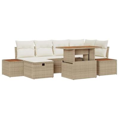 7-delige ligbed set met kussens in beige poly rattan en acacia