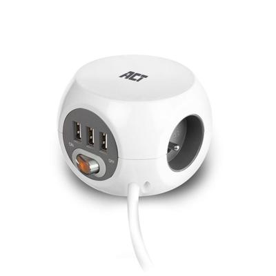 ACT Vierkante stekkerdoos (PDU) met 3 sockets type E, 3 USB-A poorten, 1,5m, wit