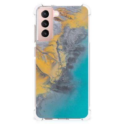 Samsung Galaxy S21 FE Anti-Shock Hoesje Marble Blue Gold Samsung Galaxy S21 FE Anti-Shock Hoesje Marble Blue Gold