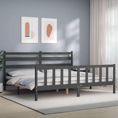 Bedframe met hoofdbord massief hout grijs 200x200 cm