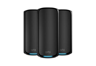 NETGEAR Orbi 970 Series Quad Band WiFi 7 Mesh WLAN Set (RBE973SB), BE27000 WiFi 7 Router met 2 satellietrepeaters, bereik tot 660 m², 200 apparaten, internetverbinding 10 Gig