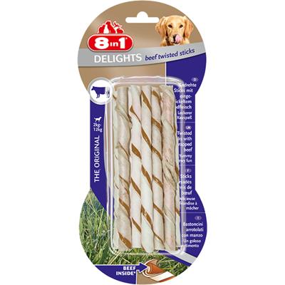 8in1 Delights Beef Twisted Sticks - gezonde kauwstangen voor gevoelige honden, hoogwaardig rundvlees gewikkeld in runderhuid, 10 stuks