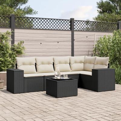 6-delige Loungeset met kussens poly rattan zwart
